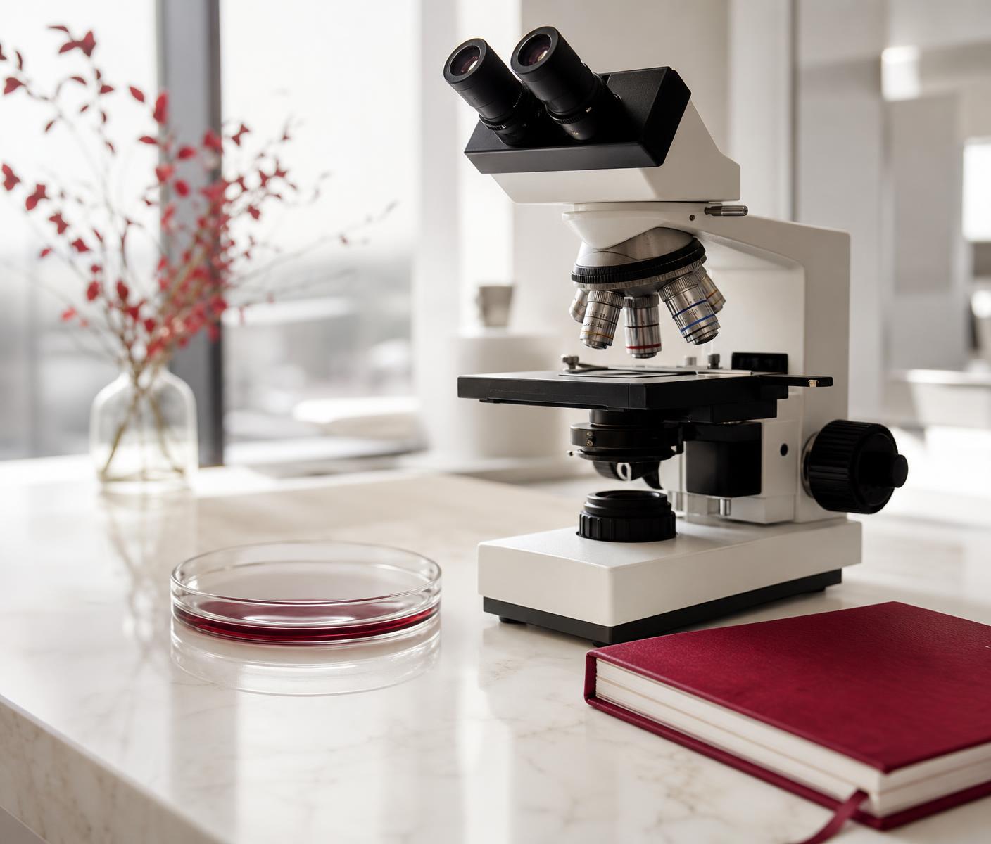 Modern medical research laboratory workspace with a microscope and crimson notebook
